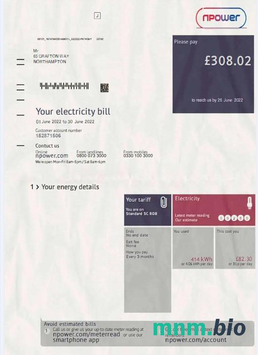 Rachunek za energię elektryczną npower w Wielkiej Brytanii w formacie PSD